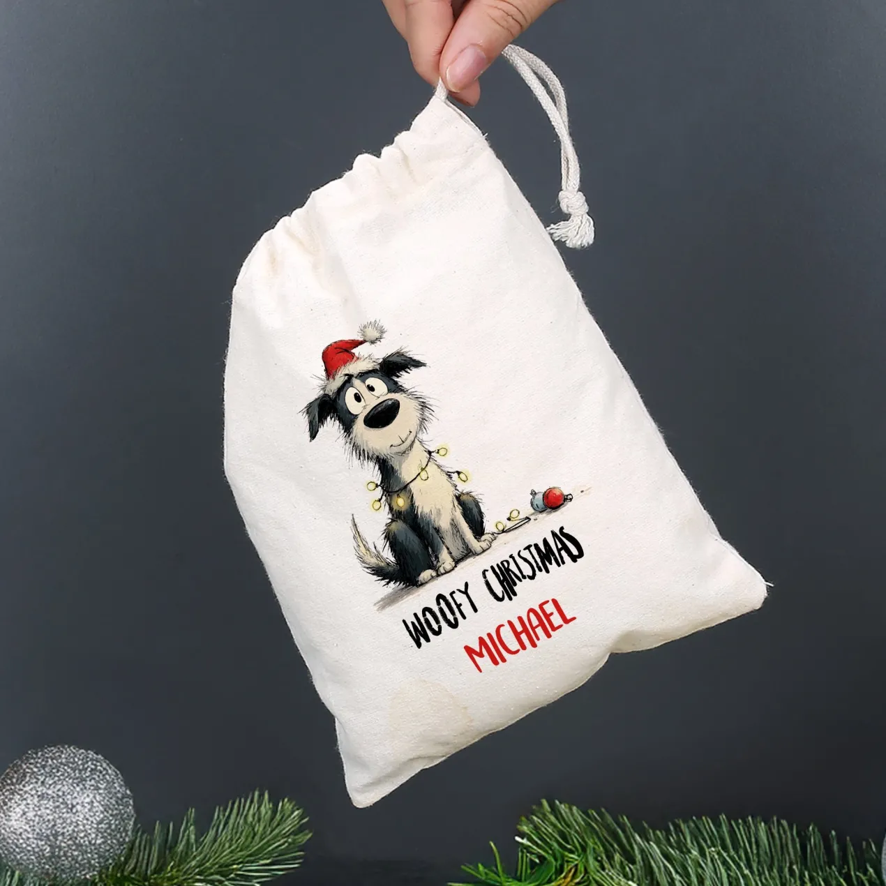 Personalisierter Geschenksack zu Weihnachten mit Name | 3 Größen | Hunde-Motiv