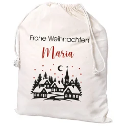 Personalisierter Geschenksack zu Weihnachten mit Wunschtext | Baumwollbeutel mit Winterdorf-Motiv