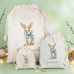 Personalisierter Geschenksack zu Ostern mit Name | Stoffbeutel mit Hasenmotiv und Kordel in 3 Größen