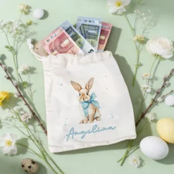 Personalisierter Geschenksack zu Ostern mit Name | Stoffbeutel mit Hasenmotiv und Kordel in 3 Größen