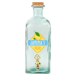 Personalisierter Getränkespender aus Glas mit Zitrone Motiv und Hahn | 2L Spender für Limonade & Saft