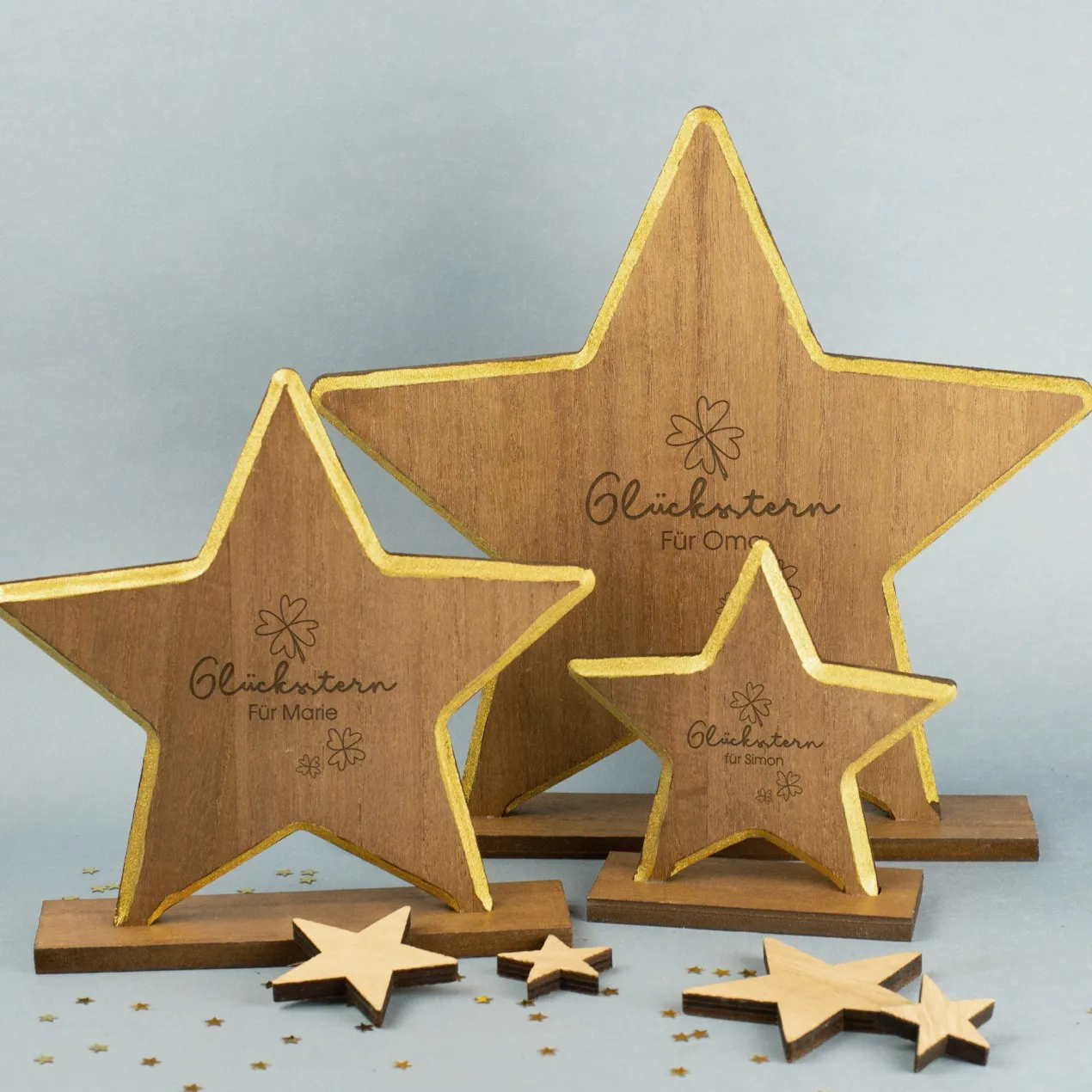 Personalisierter Glücksstern aus Holz mit Gravur | Dekostern mit Goldrand als Geschenk