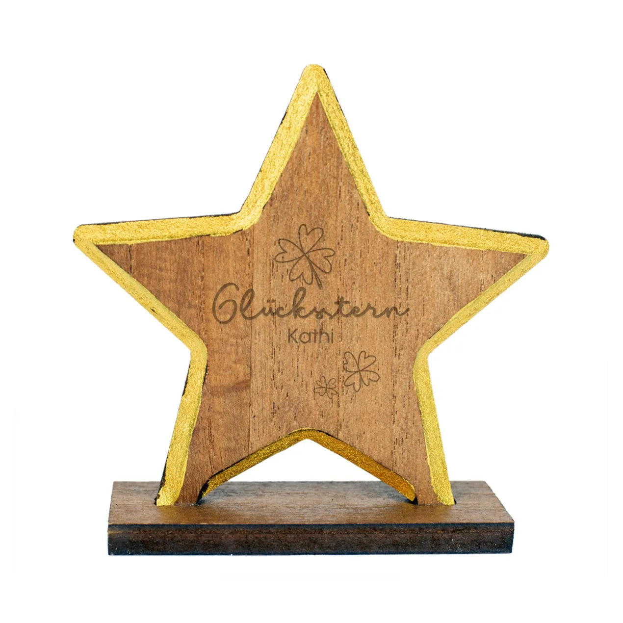 Personalisierter Glücksstern aus Holz mit Gravur | Dekostern mit Goldrand als Geschenk