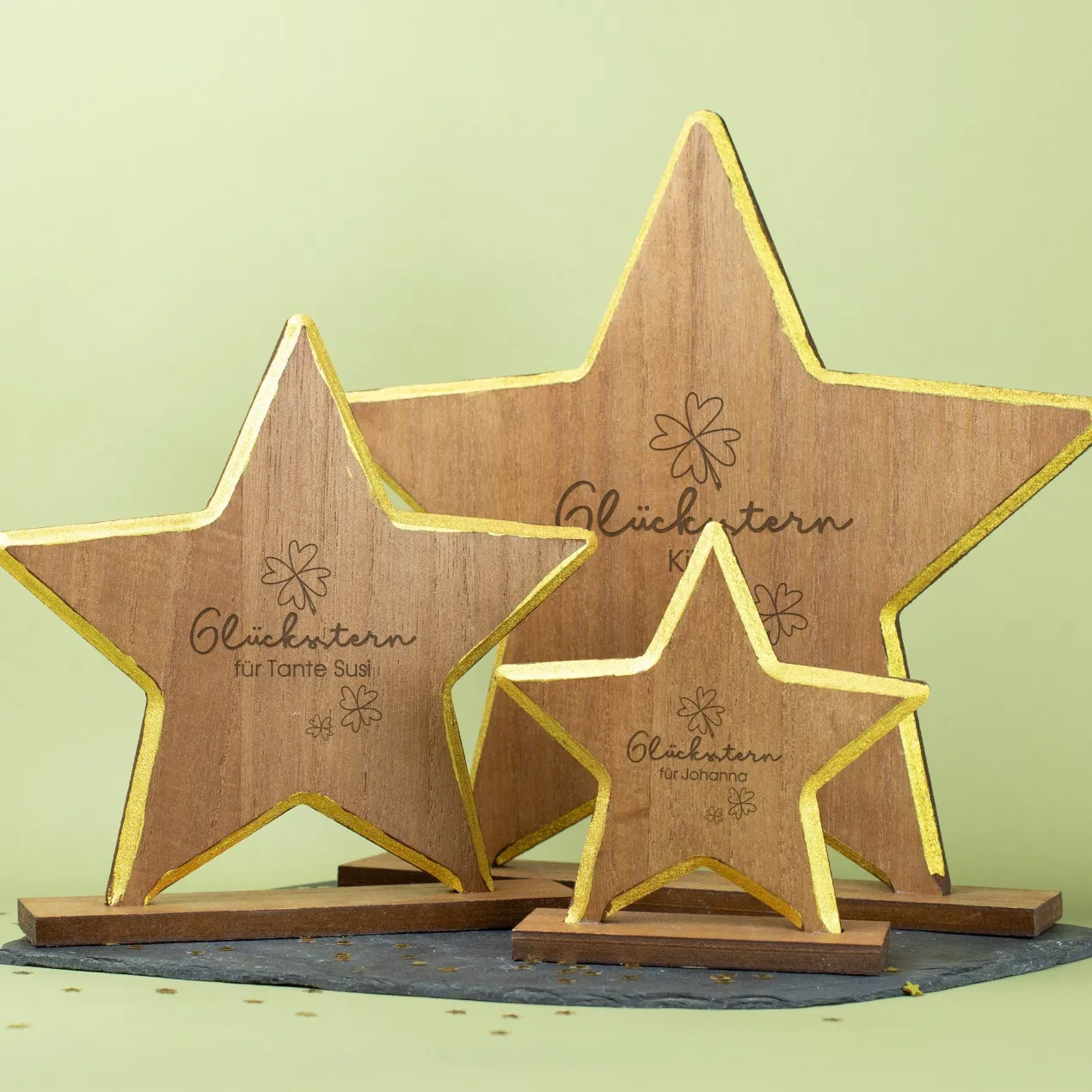 Personalisierter Glücksstern aus Holz mit Gravur | Dekostern mit Goldrand als Geschenk