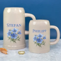 Personalisierter Keramik Bierkrug 'Enzian' mit Name | Steingut Bierglas 0,5 oder 1 Liter