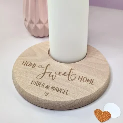 Personalisierter Kerzenteller aus Buchenholz zum Einzug mit Wunschtext | Home Sweet Home