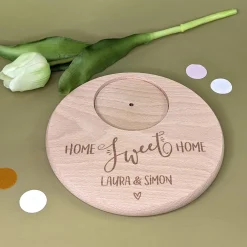 Personalisierter Kerzenteller aus Buchenholz zum Einzug mit Wunschtext | Home Sweet Home