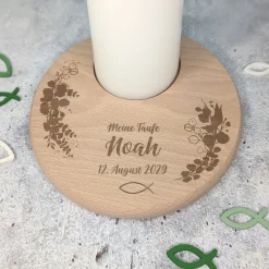 Personalisierter Kerzenteller aus Holz zur Taufe, Kommunion, Konfirmation oder Firmung | Fischmotiv