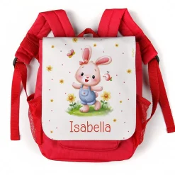 Personalisierter Kindergartenrucksack für Mädchen mit Hase & Name | Roter Kinder Rucksack als Geschenk