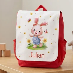 Personalisierter Kindergartenrucksack für Mädchen mit Hase & Name | Roter Kinder Rucksack als Geschenk