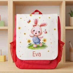 Personalisierter Kindergartenrucksack für Mädchen mit Hase & Name | Roter Kinder Rucksack als Geschenk