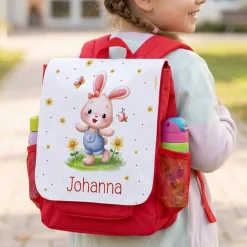 Personalisierter Kindergartenrucksack für Mädchen mit Hase & Name | Roter Kinder Rucksack als Geschenk