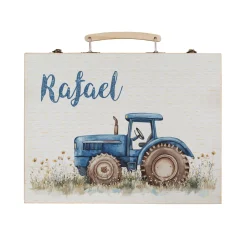 Personalisierter Malkoffer aus Holz mit Name und Traktor Motiv | Kreativkoffer für Jungen