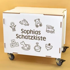 Personalisierte Rollbox aus Holz von clipfritz | Aufbewahrungsbox mit Spielzeugmotiv & Wunschtext