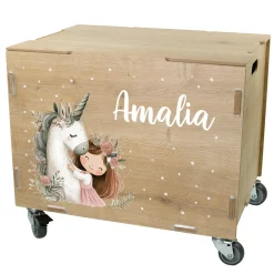 Personalisierte Rollbox aus Holz von clipfritz mit Einhorn & Prinzessin | Spielzeugkiste für Mädchen