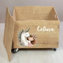 Personalisierte Rollbox aus Holz von clipfritz mit Einhorn & Prinzessin | Spielzeugkiste für Mädchen