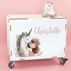 Personalisierte Rollbox aus Holz von clipfritz mit Einhorn & Prinzessin | Spielzeugkiste für Mädchen