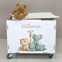 Personalisierte Rollbox aus Holz - Tierfreunde auf Safari - von clipfritz | Spielzeugkiste mit Name