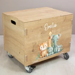 Personalisierte Rollbox aus Holz - Tierfreunde auf Safari - von clipfritz | Spielzeugkiste mit Name