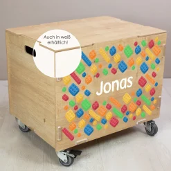 Personalisierte Rollbox aus Holz von clipfritz - Bunte Bausteinwelt | Kinder-Spielzeugkiste mit Name