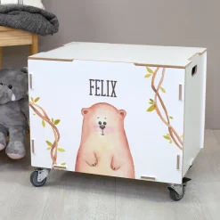 Personalisierte Rollbox aus Holz mit Bären-Motiv von clipfritz | Spielzeugkiste für Kinder mit Name