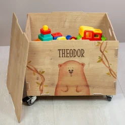 Personalisierte Rollbox aus Holz mit Bären-Motiv von clipfritz | Spielzeugkiste für Kinder mit Name