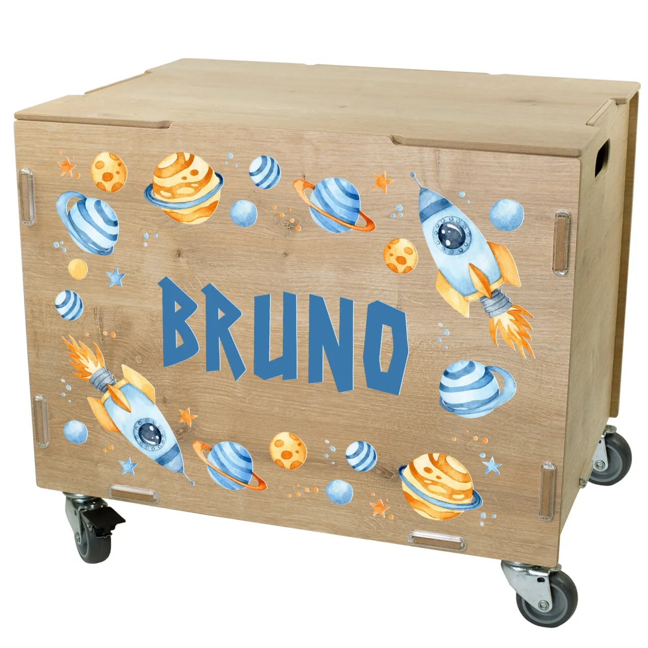 Personalisierte Rollbox aus Holz von clipfritz - Spielzeugkiste mit Weltraum Motiv & Name für Jungen