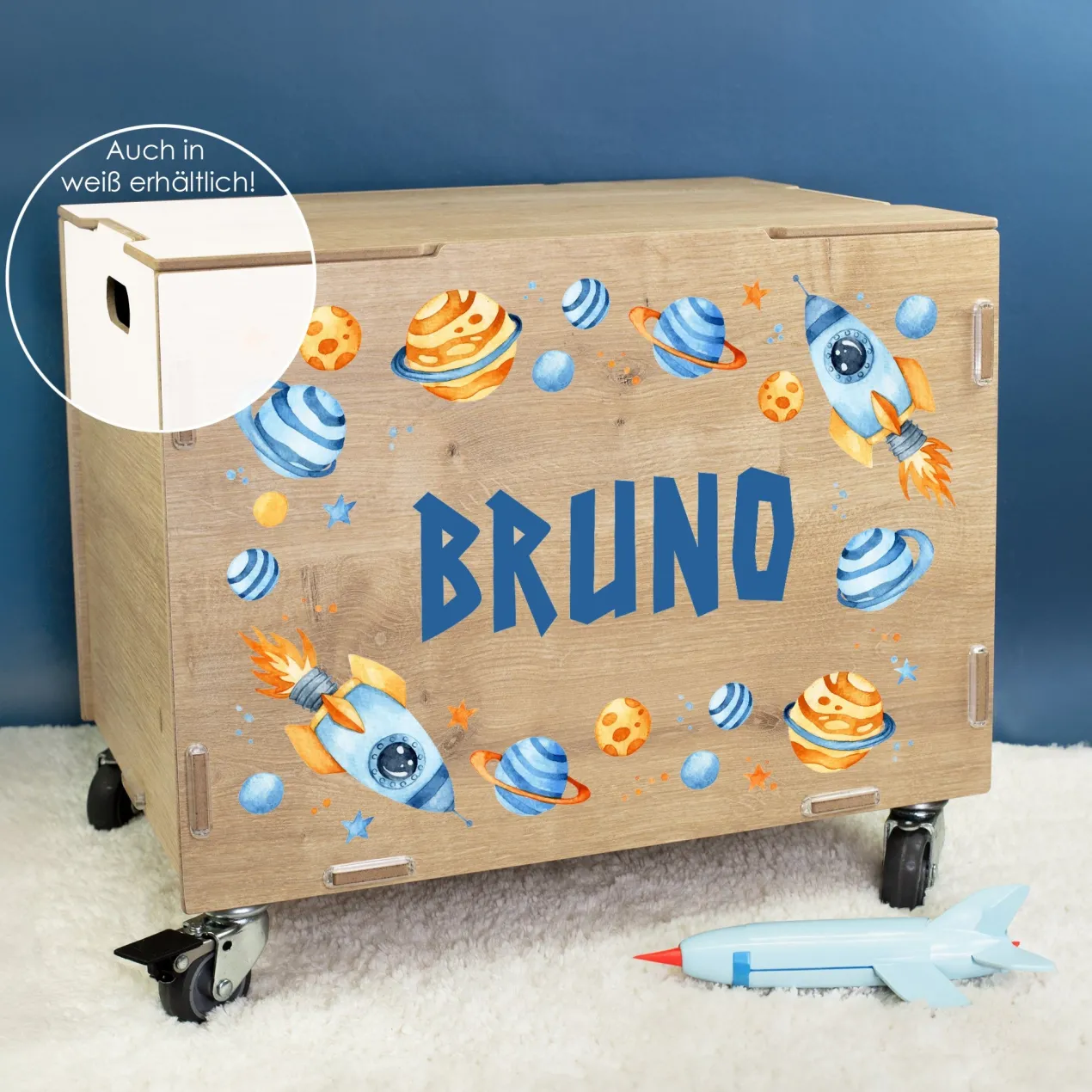 Personalisierte Rollbox aus Holz von clipfritz - Spielzeugkiste mit Weltraum Motiv & Name für Jungen
