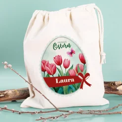Personalisierter Osterbeutel mit Name & Tulpenmotiv aus Baumwolle