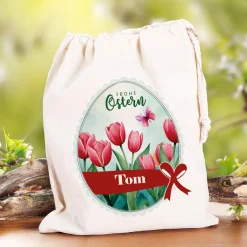 Personalisierter Osterbeutel mit Name & Tulpenmotiv aus Baumwolle
