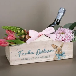 Personalisierter Pflanzkorb zu Ostern aus Holz | Geschenkkorb mit Hasenmotiv | Holzkiste in 3 Varianten