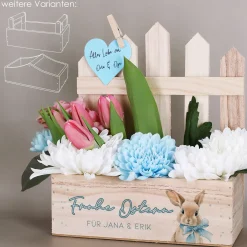 Personalisierter Pflanzkorb zu Ostern aus Holz | Geschenkkorb mit Hasenmotiv | Holzkiste in 3 Varianten