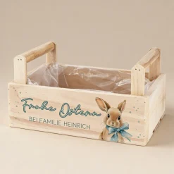 Personalisierter Pflanzkorb zu Ostern aus Holz | Geschenkkorb mit Hasenmotiv | Holzkiste in 3 Varianten