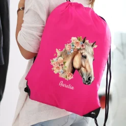 Personalisierter Sportbeutel mit Pferdemotiv und Name in Pink | Turnbeutel für Mädchen & Sport