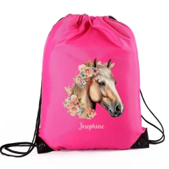 Personalisierter Sportbeutel mit Pferdemotiv und Name in Pink | Turnbeutel für Mädchen & Sport