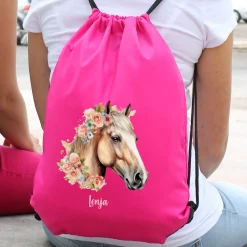 Personalisierter Sportbeutel mit Pferdemotiv und Name in Pink | Turnbeutel für Mädchen & Sport