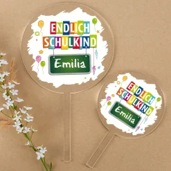 Personalisierter Tortentopper 'Endlich Schulkind' mit Name | Acryl Caketopper zur Einschulung