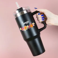 Personalisierter XXL Thermobecher mit Name | Blumenkranz | 1,2 Liter Thermo Cup