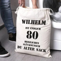 personalisierter Zuziehsack zum 80. Geburtstag eines alten Sacks