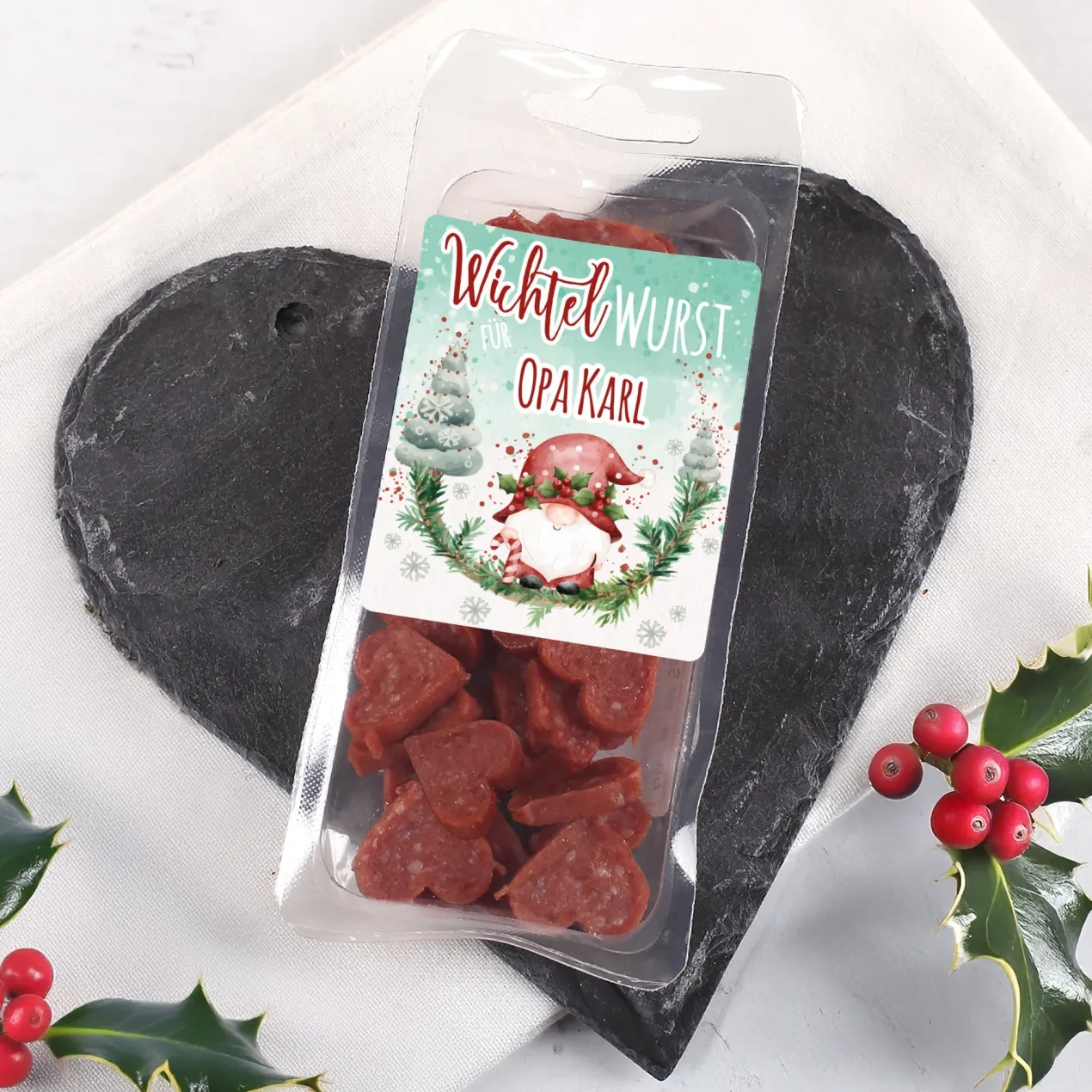 Personalisierte Salami-Pralinen in Herzform mit Name | Herzhafte Wichtel-Wurst zu Weihnachten