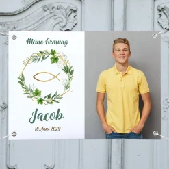 Personalisiertes Banner mit Foto zur Taufe, Kommunion, Konfirmation oder Firmung | Design mit Zweigen