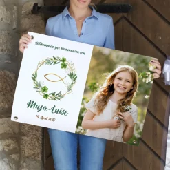 Personalisiertes Banner mit Foto zur Taufe, Kommunion, Konfirmation oder Firmung | Design mit Zweigen