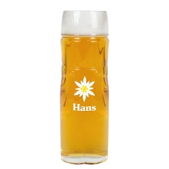 Personalisiertes Bierglas im Design einer Lederhose oder Dirndl mit Name | Edelweiß Motiv