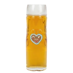 Personalisiertes Bierglas mit Name im Design einer Lederhose oder Dirndl und Lebkuchenherz Motiv