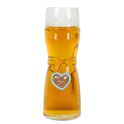 Personalisiertes Bierglas mit Name im Design einer Lederhose oder Dirndl und Lebkuchenherz Motiv