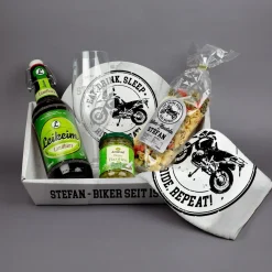 Personalisiertes Biker Geschenkset mit Bier, Glas, Nudeln | Gefüllter Geschenkkorb für Motorradfahrer