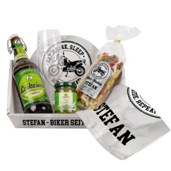 Personalisiertes Biker Geschenkset mit Bier, Glas, Nudeln | Gefüllter Geschenkkorb für Motorradfahrer