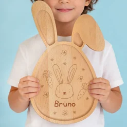 Personalisiertes Brettchen in Hasen-Form für Kinder | Buchenholz | Hasenbrett mit Gravur