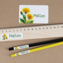 Personalisierte Schulaufkleber mit Name & Löwenzahn Motiv | 100-teiliges Set für Jungen und Mädchen