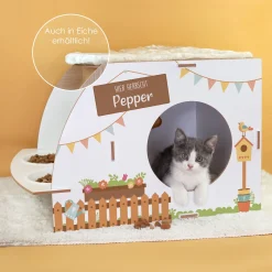 Personalisiertes clipfritz Katzenhaus aus Holz mit Futterstation & Kissen | Geschenk für Katzen